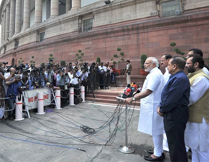 Prime Minister Narendra Modi addresses the media ahead of the Monsoon Session of Parliament. Photograph: Press Information Bureau