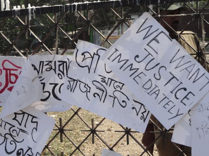 Protest banners outside the convent