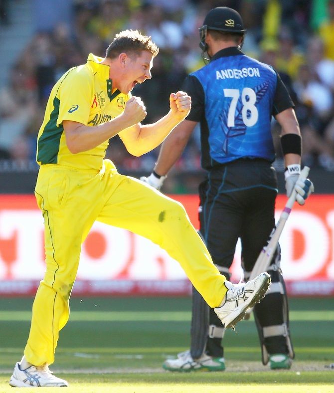 James Faulkner of Australia celebrates getting the wicket of Corey Anderson