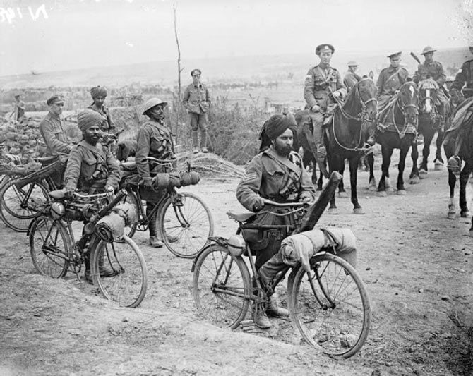 Indian bicycle troops at Somme, France, during World War I.