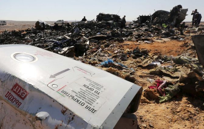 The wreckage of Metrojet Flight 9268, the Russian airliner, which was blown up by Daesh terrorists in north Egypt. Photograph: Mohamed Abd El Ghany/Reuters