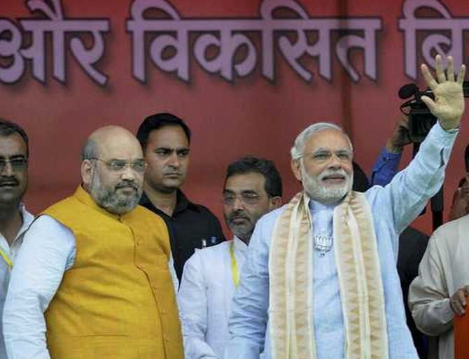 Prime Minister Narendra Modi, right, and Bharatiya Janata Party President Amit Shah on the campaign trail.