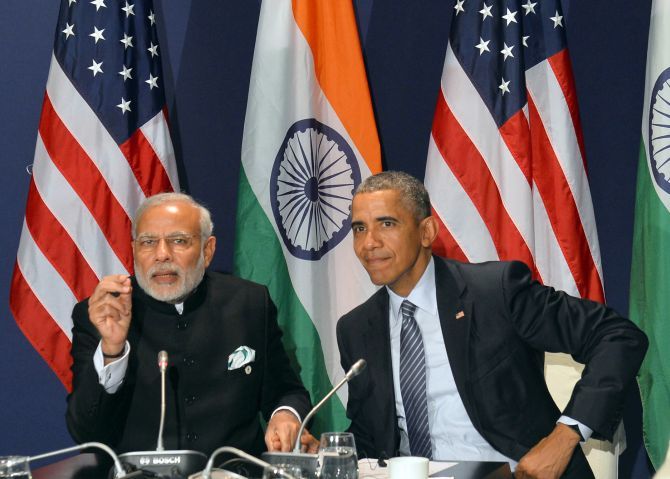 Prime Minister Modi and President Obama on the sidelines of the COP21 -- Climate Change -- Summit in Paris, November 30, 2015. Photograph: Press Information Bureau