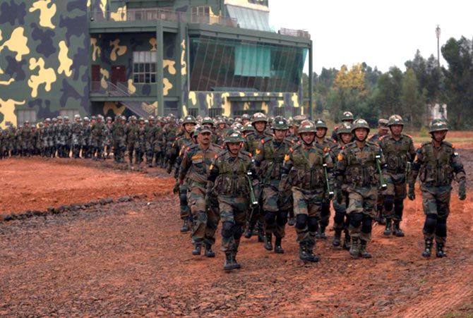  Indian and Chinese soldiers march during the India-China military exercises in Kunming, China, October 2015. Photograph: Kind courtesy, The Indian Army