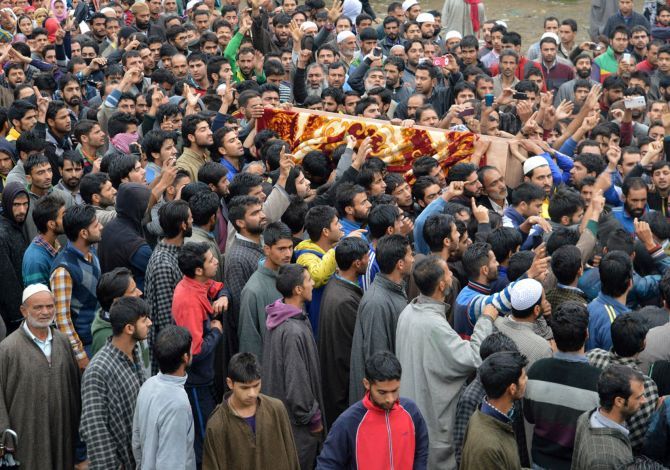 : The funeral procession of Zahid Rasool Bhat, a 19-year-old trucker from Anantnag, Kashmir, who died of his injuries after the truck, which he was travelling in was attacked over rumours that it was transporting beef.