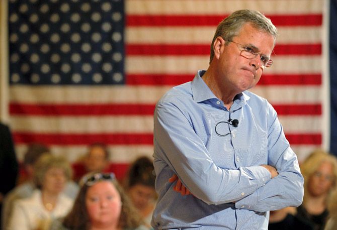 Jeb Bush listens to a question from the audience during a town hall meeting campaign stop in Gorham, New Hampshire, July 23. Photograph: Brian Snyder