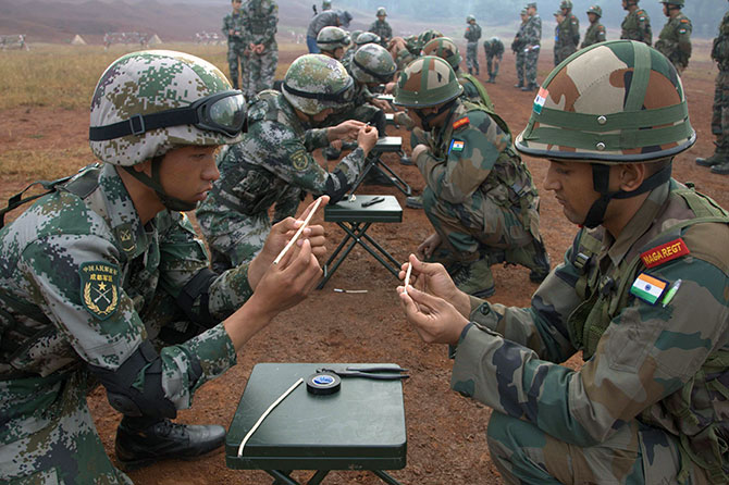 Indian and Chinese soldiers during explosives training, part of the India-China military exercises in Kunming, China, October 2015. Photograph: Kind courtesy The Indian Army