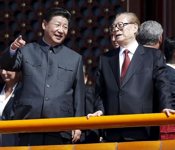 Chinese President Xi Jinping with former Chinese president Jiang Zemin at a military parade in Beijing, September 3, 2015. Photograph: Wang Zhao/Reuters