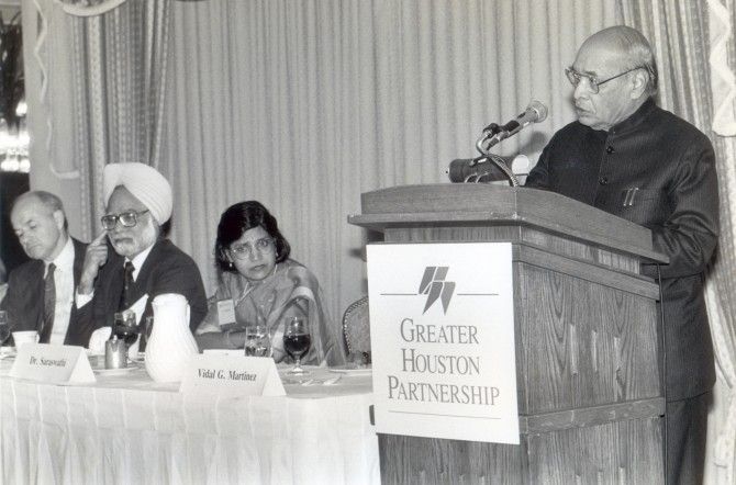 P V Narasimha Rao, then the prime minister of India, speaking in Houston. Also seen is then finance minister Dr Manmohan Singh. Photograph: India Abroad Archives