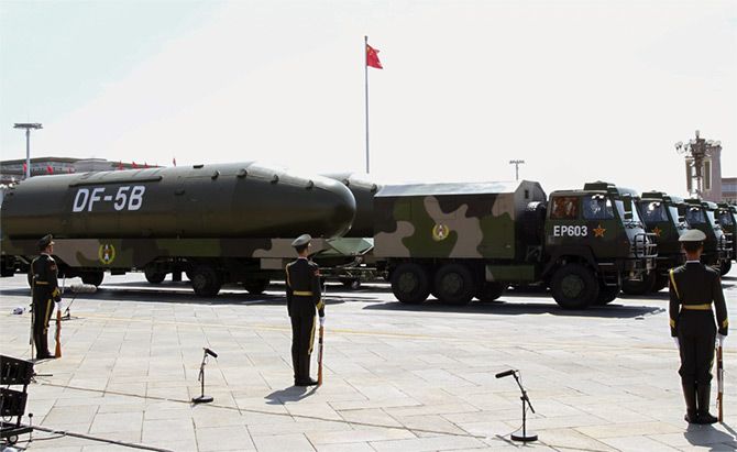 The Dongfang 5B missile system is long range (about 12,000 km) and has multiple independent re-entry capabilities, meaning the missile would hardly be intercepted by the United States or other nations. China's military missiles were presented at the military parade which marked the 70th anniversary of the 'Victory of Chinese People's Resistance against Japanese Aggression and World Anti-Fascist War' at Tiananmen Square, September 3. Dela Pena/Reuters