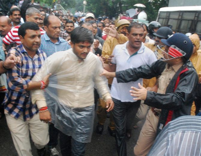 Police detain Patidar Anamat Andolan Samiti convener Hardik Patel in Surat on September 19. Photograph: PTI