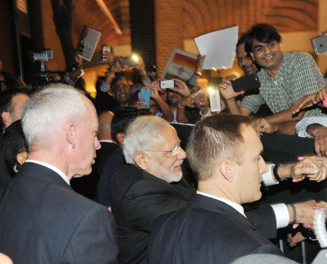 Prime Minister Narendra Modi greets admirers in New York. Photograph: Press Information Bureau