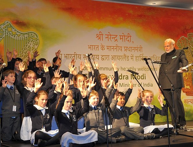 Irish children sing shlokas at an Indian community reception at Dublin on September 23.