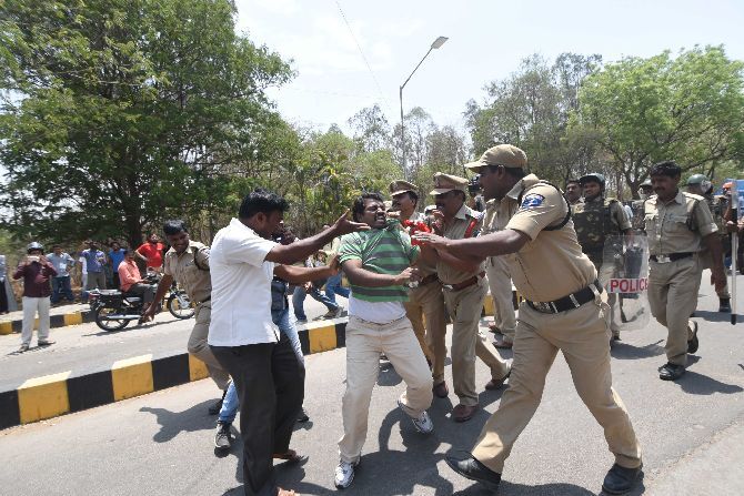 Students scuffle with police in the Hyderabad University campus. Several were arrested