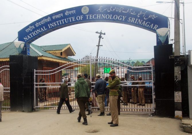 Security personnel outside the NIT, Srinagar, campus.