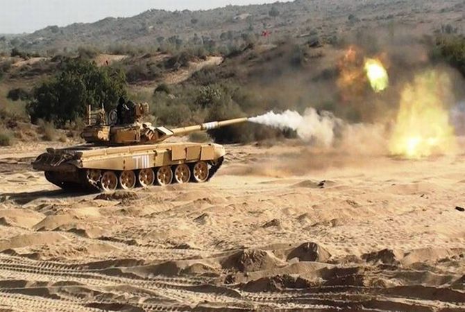 Tanks fire at 'enemy bunkers' during Shatrujeet exercise in the deserts of Rajasthan. Photograph: @SpokespersonMoD