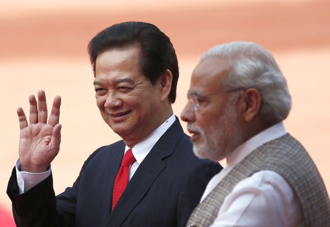 Vietnam's Prime Minister Nguyen Tan Dung with Narendra Modi during a recent visit to New Delhi. Photograph: Adnan Abidi/Reuters