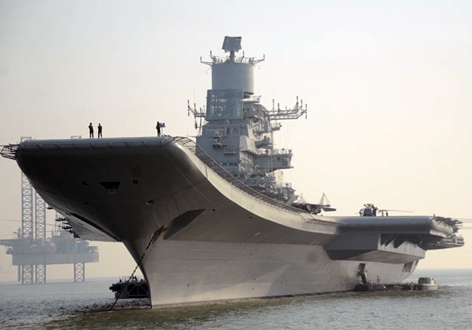 The aircraft carrier, the INS Vikramaditya .Photograph: Prasanna D Zore/Rediff.com