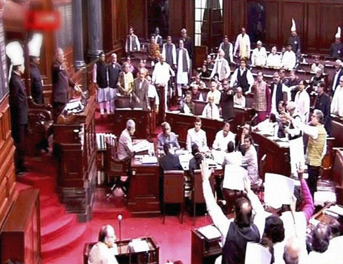 A television grab of the disruption in Parliament during the winter session.