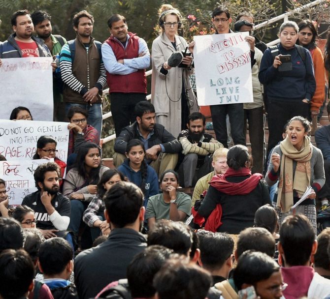JNU students demand Kanhaiya Kumar's release on the campus in New Delhi. Photograph: Kamal Singh/PTI