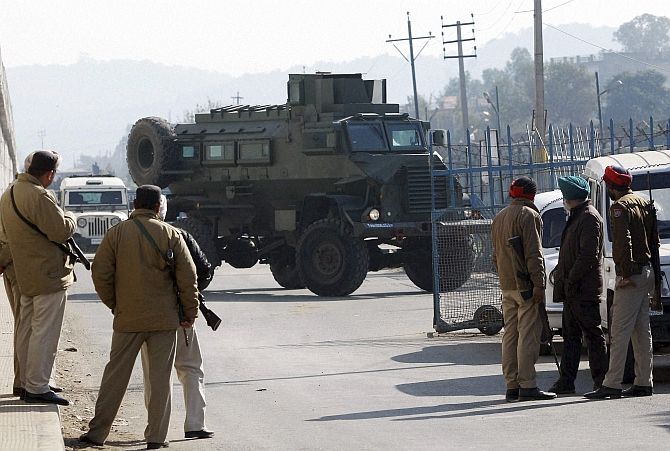 An armoured vehicle moves into the Indian Air Force base in Pathankot, January 3. Photograph: PTI Photo