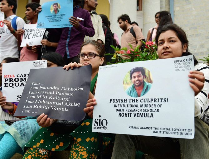 Students protest the suicide of Rohit Vemula, a doctorate student at the Hyderabad Central University, in Bengaluru. Photograph: Shailendra Bhojak/PTI