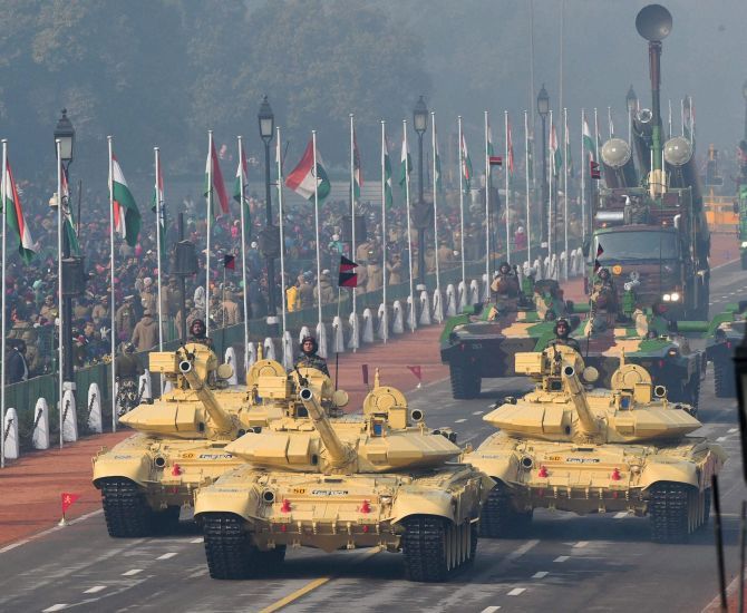 Army tanks roll out during the rehearsal for Republic Day 2016. Photograph: Shahbaz Khan/PTI