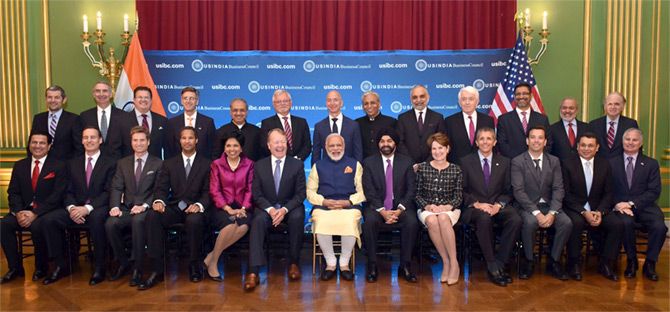 Prime Minister Narendra Modi with business leaders after his round table at USIBC, Washington, DC, June 7, 2016.