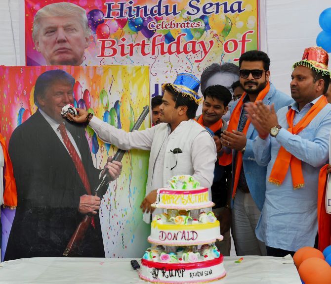 The Hindu Sena celebrates Donald Trump's 70th birthday at the Jantar Mantar, New Delhi, June 14, 2016.