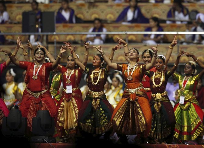 Dancers perform at the World Cultural Festival in Delhi, March 11, 2016. Photograph: Adnan Abidi/Reuters