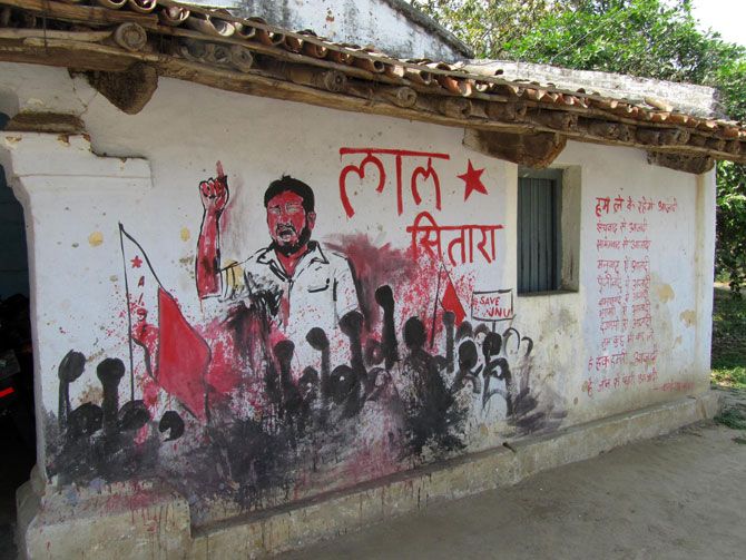 The graffiti on the front wall of Kanhaiya's Kumar's village home in Bihat