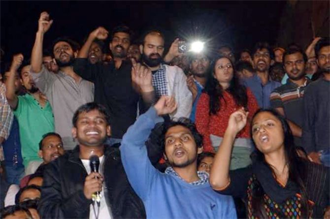 In this photograph dated March 4, 2016, the day Kanhaiya Kumar, extreme left in black jacket, was released on bail, Shehla Rashid is seen cheering Kumar along with Rama Naga.