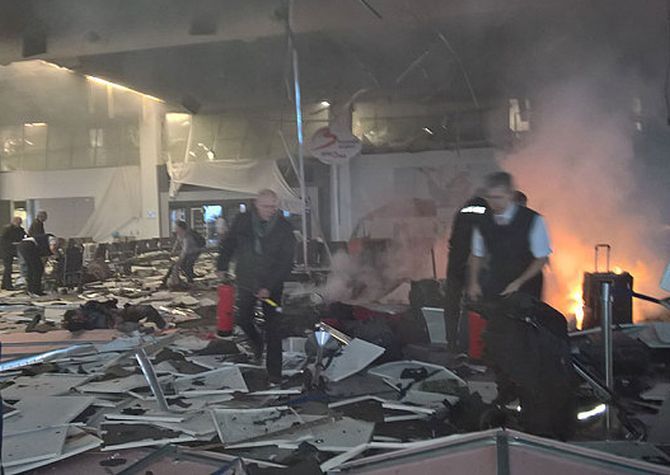 The scene at Brussels airport soon after the explosion. Photograph: Pavel Ohal