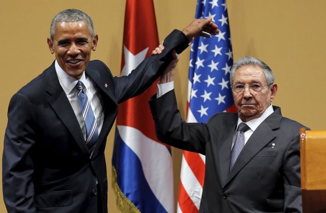 US President Barack Obama and Cuban President Raul Castro in Havana. Photograph: Carlos Barria/ Reuters