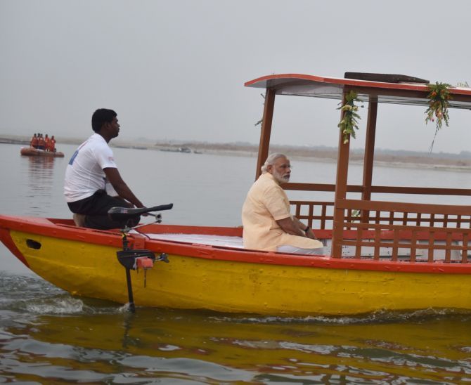 Prime Minister Narendra Modi takes a boat ride on the Ganga in Varanasi, May 1, 2016.
