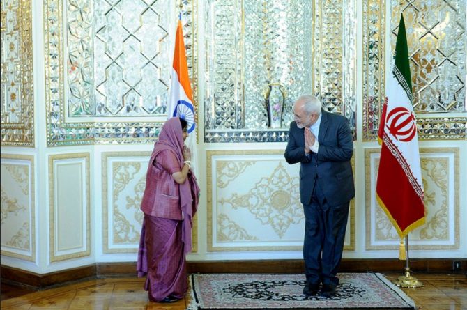 External Affairs Minister Sushma Swaraj greets Iran's External Affairs Minister Mohammad Javad Zarif in Tehran, April 16, 2016. Photograph: MEA/Flickr