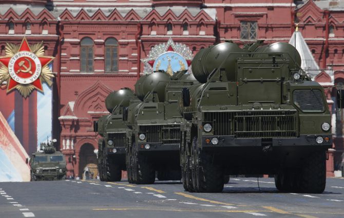Russian S-400 Triumph medium-range and long-range surface-to-air missile systems during the Victory Day parade, marking the 71st anniversary of the victory over Nazi Germany in World War II, at Red Square in Moscow. Photograph: Sergei Karpukhin/Reuters