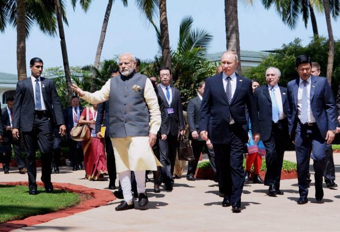 PM Modi with Russian President Vladimir Putin and Brazilian President Michel Temer at the BRICS Summit in Benaulim, Goa. Photograph: PTI Photo