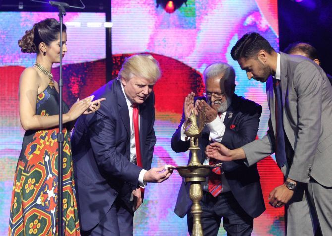 Donald Trump lights the ceremonial lamp to inaugurate the Republican Hindu Coalition event in Edison, New Jersey, October 15, 2016.