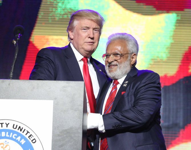 Donald Trump with Republican Hindu Coalition founder Shalabh Kumar at an Indian-American event in Edison, New Jersey, October 15, 2016. Photograph: Paresh Gandhi/India Abroad