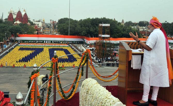 Prime Minister Narendra Modi speaking at the Red Fort on August 15. Photograph: PIB