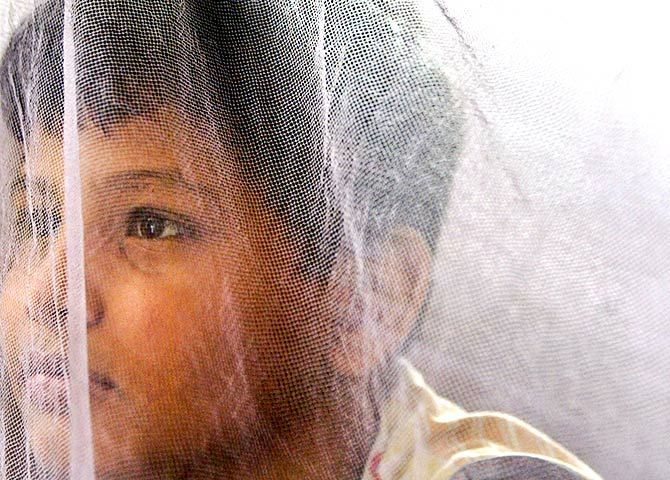 Aditya, an eight-year-old Indian boy, sits inside a mosquito net at home after being discharged from a hospital in the eastern Indian city of Kolkata. Photo: Parth Sanyal/Reuters