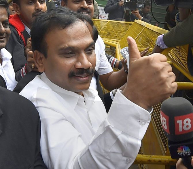 Former telecom minister A Raja gives the thumbs up after he was acquitted by a special court in the 2G scam case. Photograph: Kamal Singh/PTI Photo