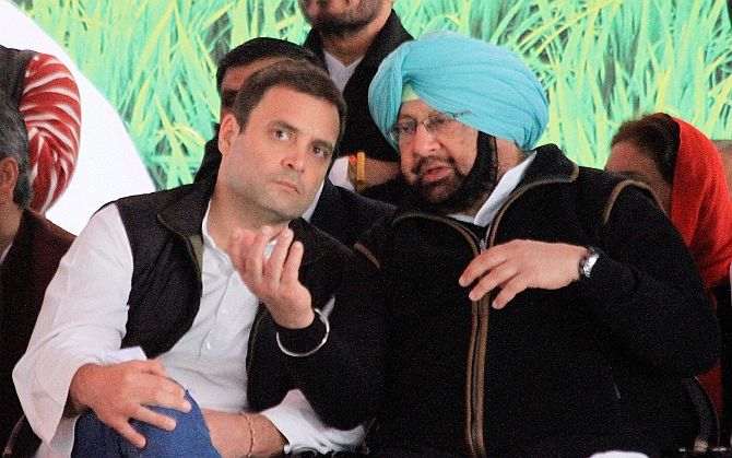 Congress Vice-President Rahul Gandhi, left, with Captain Amarinder Singh at an election rally in Jalalabad, Fazilka district, February 2, 2017. Photograph: PTI Photo