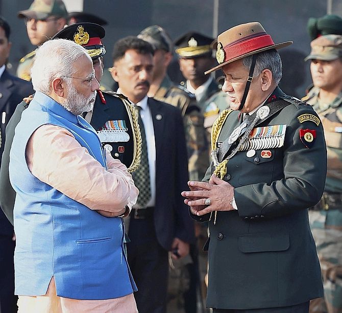 Army chief General Bipin Rawat, right, with Prime Minister Narendra D Modi, February 16, 2017. Photograph: Kamal Singh/PTI Photo