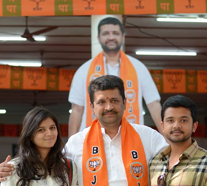 Parag Shah, the Bharatiya Janata Party candidate from Ghatkopar's ward number 132, with his son Manan and daughter-in-law Dhruvi
