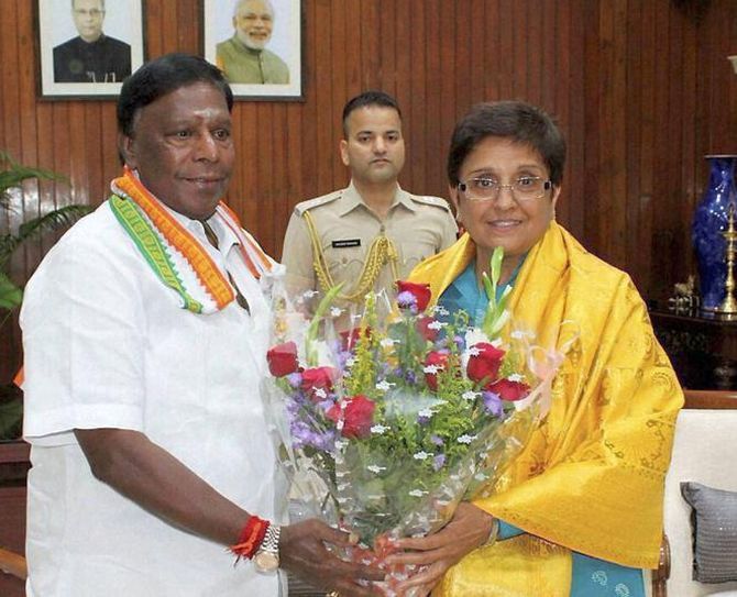 Puducherry L-G Kiran Bedi with Chief Minister V Narayanasamy.