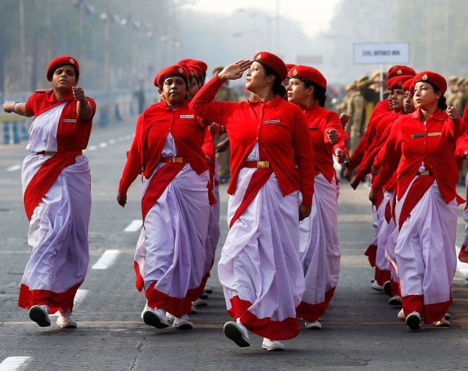 Civil defence personnel march during a full-dress rehearsal for the Republic Day parade in Kolkata, January 2017. Photograph: Rupak De Chowdhuri/Reuters