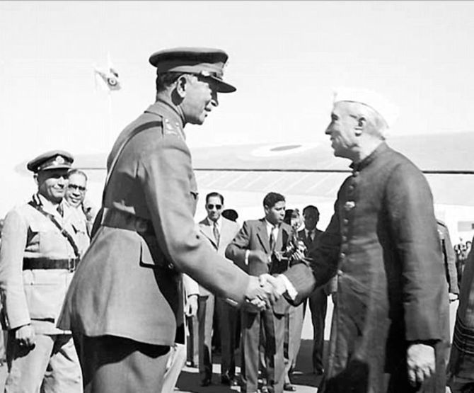 General K M Cariappa greets Prime Minister Jawaharlal Nehru