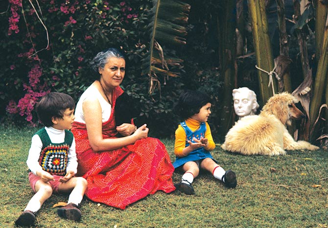 Indira Gandhi with her grandchildren, Rahul and Priyanka